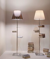 Biblioteque floor lamp from Flos, shown with bronze shade (left) and soft fabric shade (right)